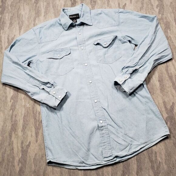 Pelham Shirt Mens Medium Blue Long Sleeve Pearl Snap Western Wear Front‎ Pockets - Picture 2 of 6